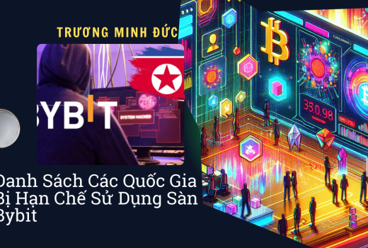 Hình ảnh mô tả các quốc gia bị cấm truy cập nền tảng Bybit và các biểu tượng tiền điện tử kỹ thuật s.