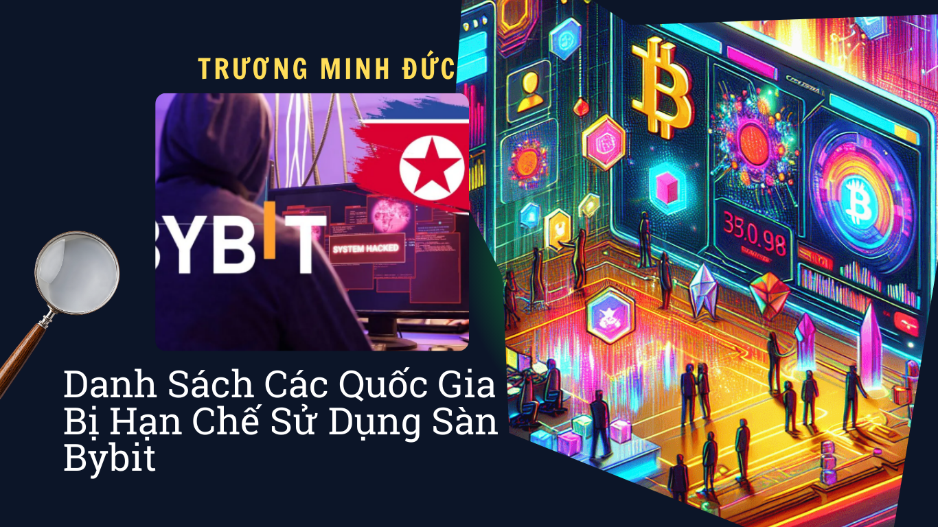 Hình ảnh mô tả các quốc gia bị cấm truy cập nền tảng Bybit và các biểu tượng tiền điện tử kỹ thuật s.