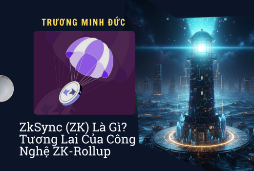 Hình ảnh mô tả tòa tháp công nghệ ZK-Rollup phát sáng trong đô thị đêm tối.