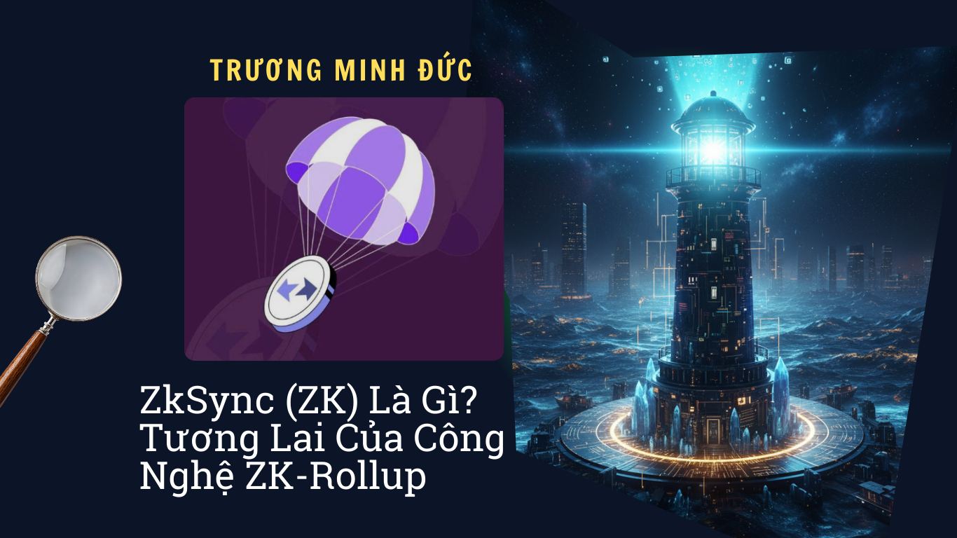 Hình ảnh mô tả tòa tháp công nghệ ZK-Rollup phát sáng trong đô thị đêm tối.