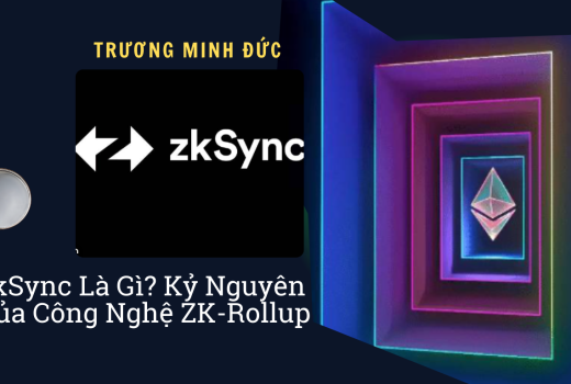 Hình ảnh mô tả logo zkSync cùng các hình khối màu sắc tượng trưng cho công nghệ zk-Rollup.