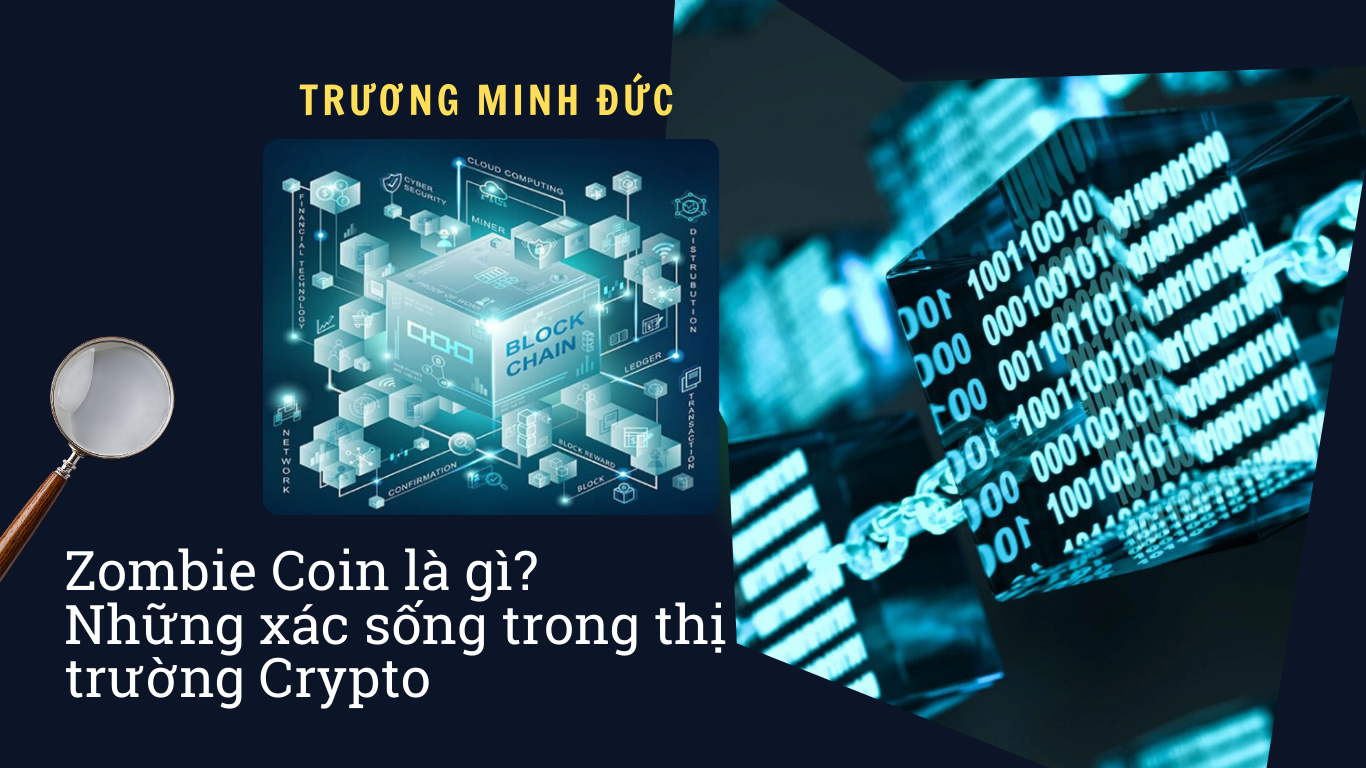 Hình ảnh mô tả khối blockchain và các mã số nhị phân liên quan đến tiền điện tử.