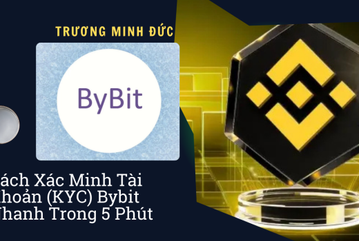 Hình ảnh logo ByBit và hướng dẫn xác minh tài khoản KYC trong vòng 5 phút.