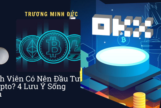 Hình ảnh biểu tượng tiền điện tử và sinh viên nghiên cứu đầu tư crypto.