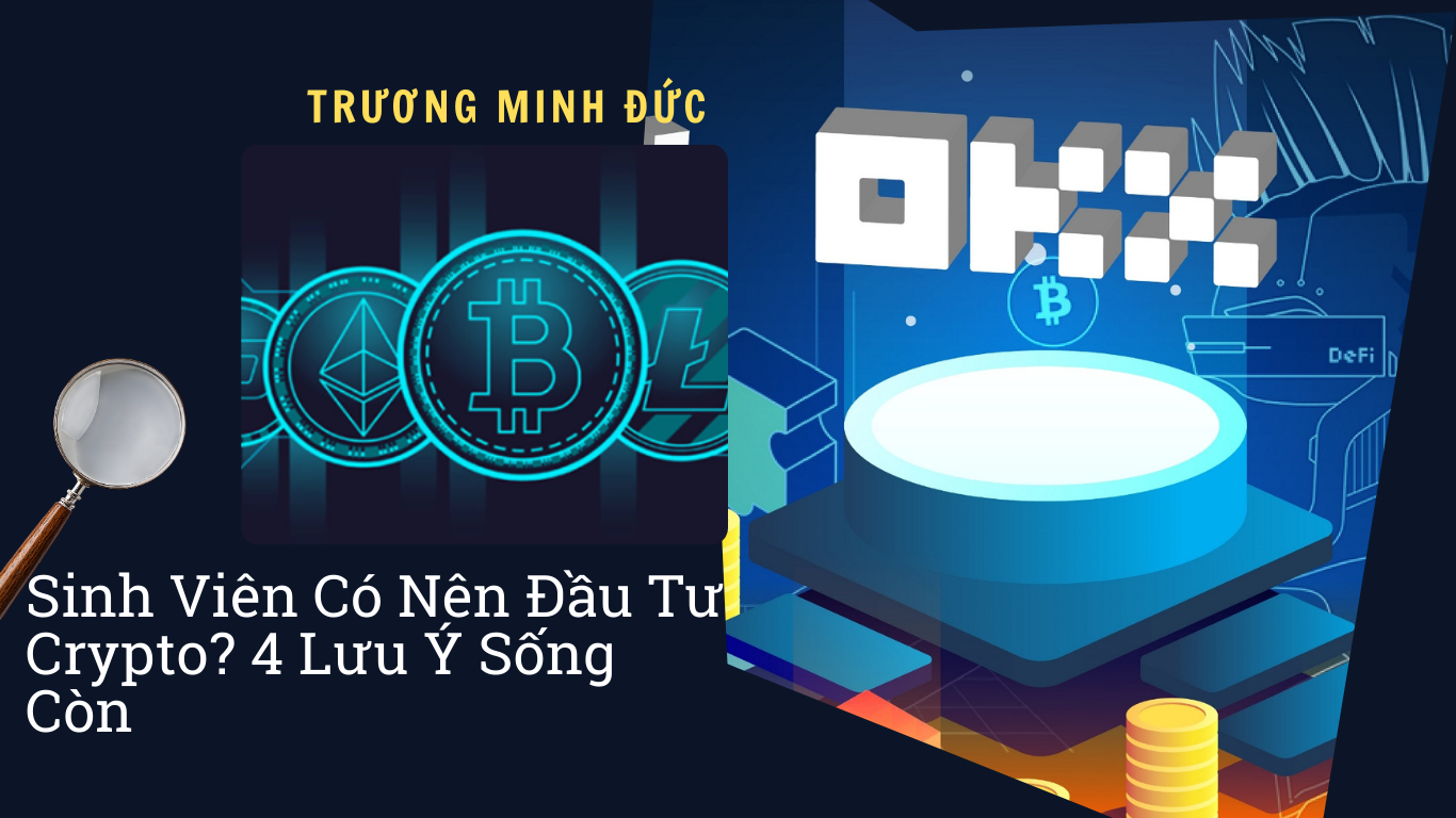 Hình ảnh biểu tượng tiền điện tử và sinh viên nghiên cứu đầu tư crypto.