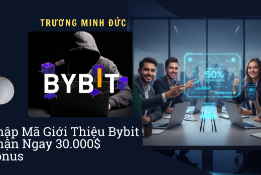 Hình ảnh nhóm người trẻ đang thảo luận về giao dịch tiền điện tử và mã giới thiệu Bybit trên màn hìn.