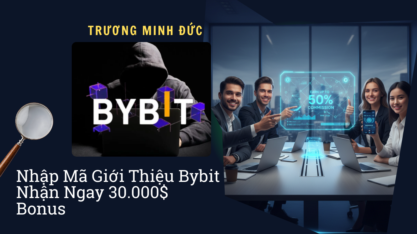 Hình ảnh nhóm người trẻ đang thảo luận về giao dịch tiền điện tử và mã giới thiệu Bybit trên màn hìn.