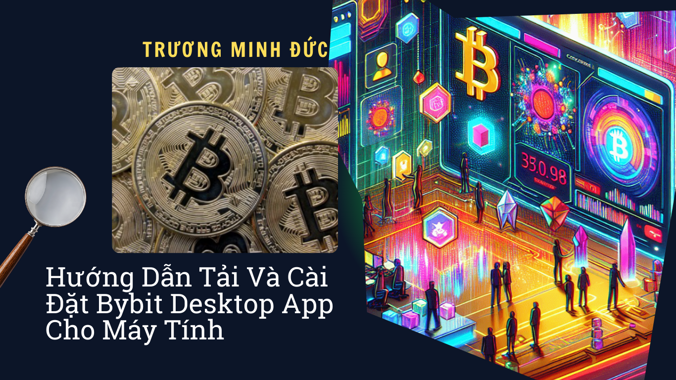 Hình ảnh mô tả giao diện ứng dụng Bybit trên máy tính để bàn với biểu tượng Bitcoin và các yếu tố cô.