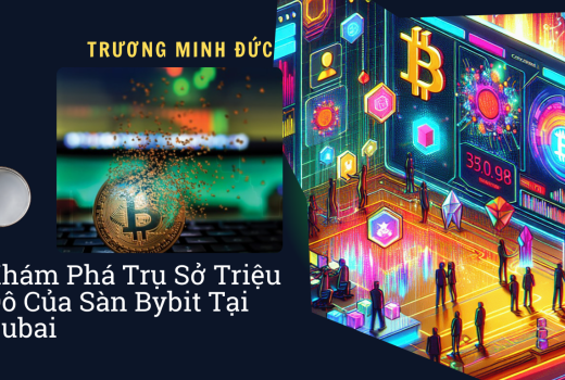 Hình ảnh sàn giao dịch tiền mã hóa tại Dubai với biểu tượng Bitcoin và các yếu tố công nghệ số.