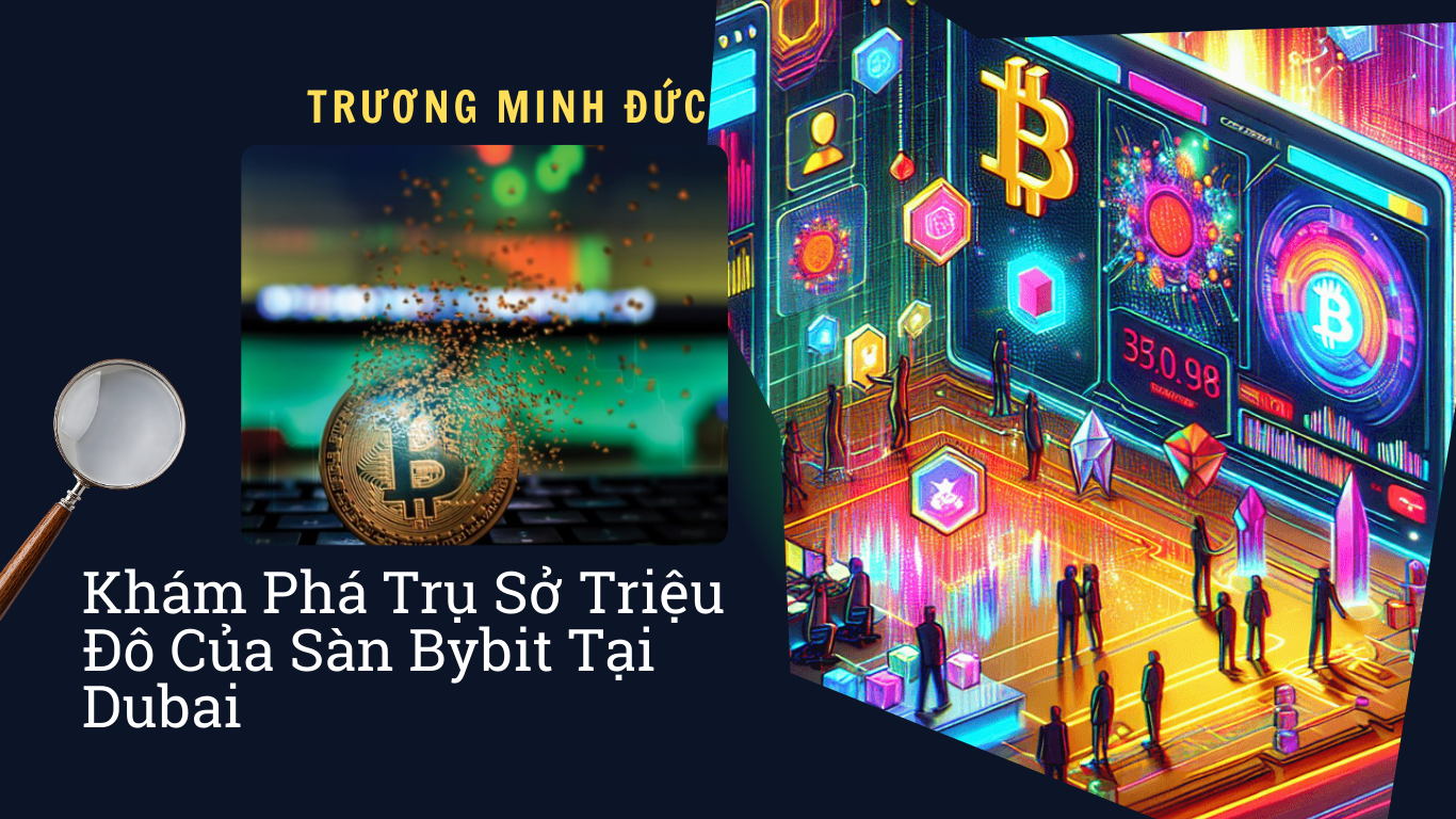 Hình ảnh sàn giao dịch tiền mã hóa tại Dubai với biểu tượng Bitcoin và các yếu tố công nghệ số.