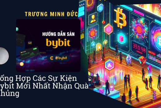 Hình ảnh về sàn giao dịch tiền điện tử Bybit với các biểu tượng Bitcoin và các sự kiện liên quan.