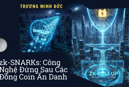 Hình ảnh mô tả công nghệ bảo mật tiền điện tử, với biểu tượng khóa và thành phố về đêm trong nền số.